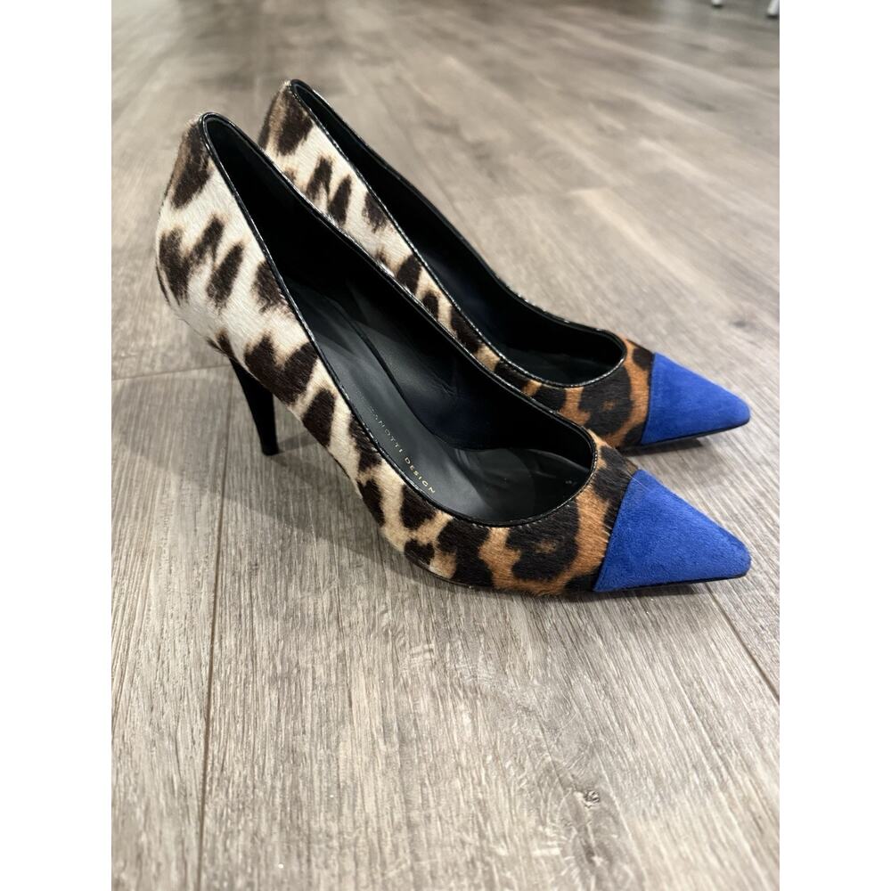 Giuseppe Zanotti Leopard Calf Hair & Blue Suede Pointed Toe Pumps 37.5 US 7.5